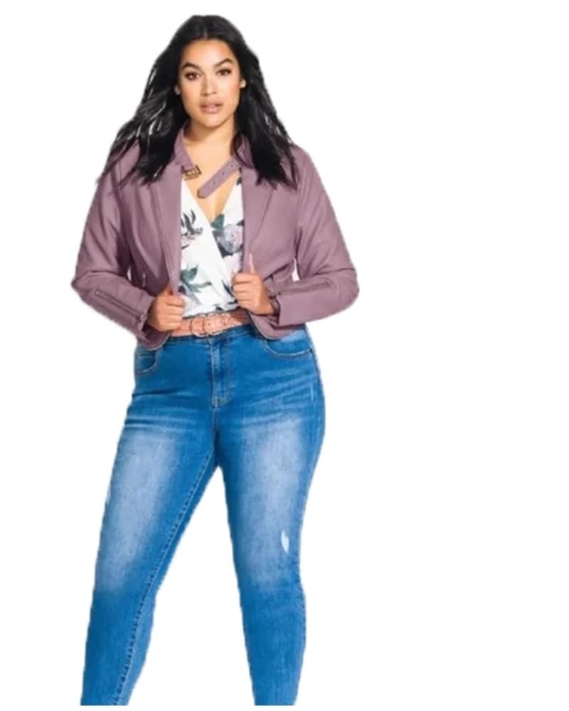 Front of a model wearing a size 14W City Chic Women's Trendy Plus Cropped Faux Leather Moto Jacket Rosewood Size 14W in Pink by City Chic. | dia_product_style_image_id:314608